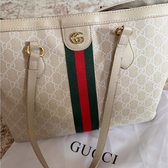 In- spired Beige Tote Bag with Red and Green Stripes - Picture 4 of 9